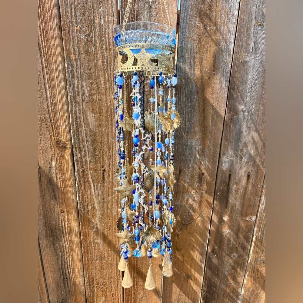 Celestial Blue Glass & Gold Wind Chime Vintage Bowl Bird Bath Feeder Chandelier